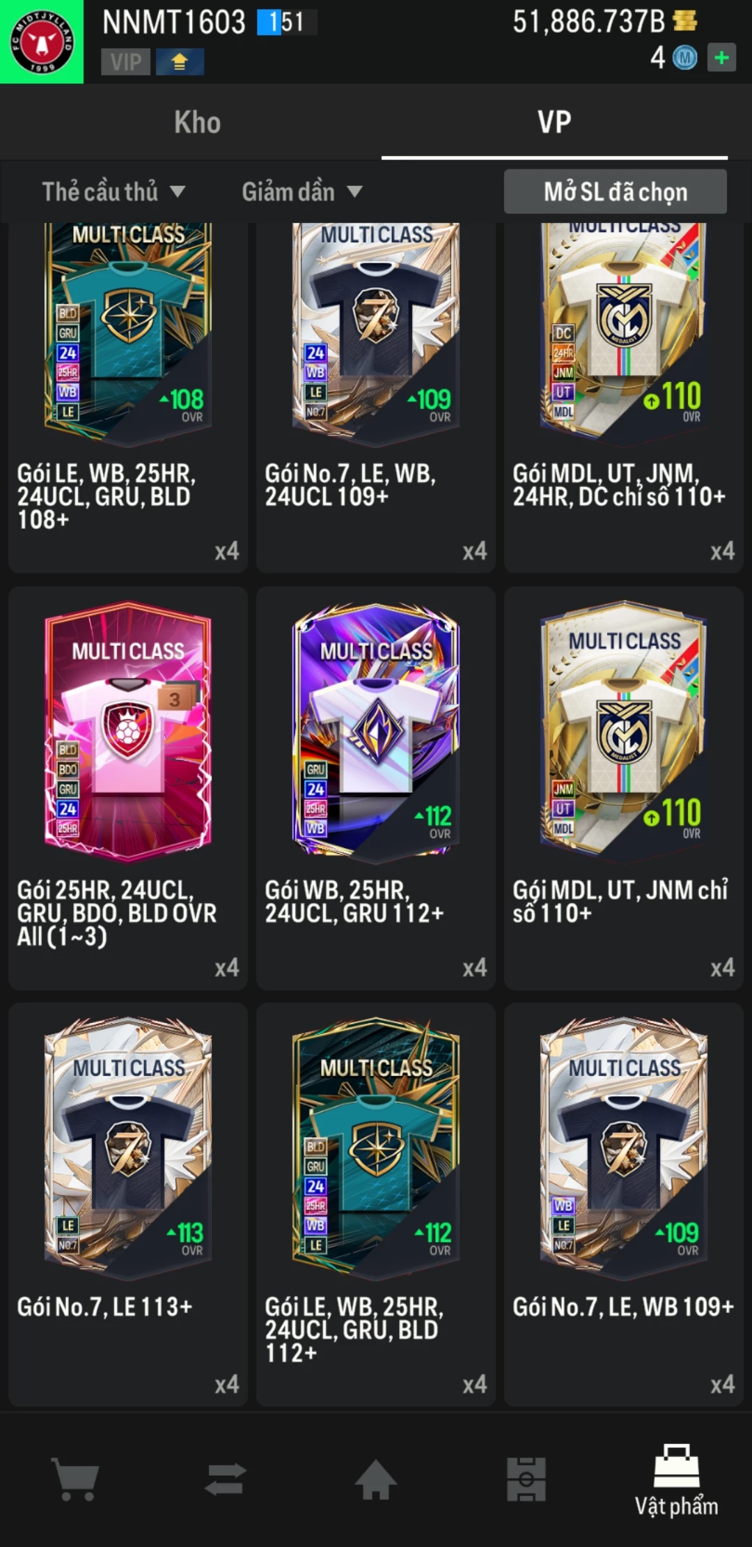 Ảnh ACC mở thẻ (LOẠI SVIP PROMAX) bao gồm có thẻ +12, Thẻ PRIME(QH+, CP+, XS+) và hơn 1500+ đến 1700+ thẻ cầu thủ từ Siêu sao đến Miền núi các loại. Acc có sẵn BP trắng từ 50.000 tỷ BP đến 62.000 tỷ BP